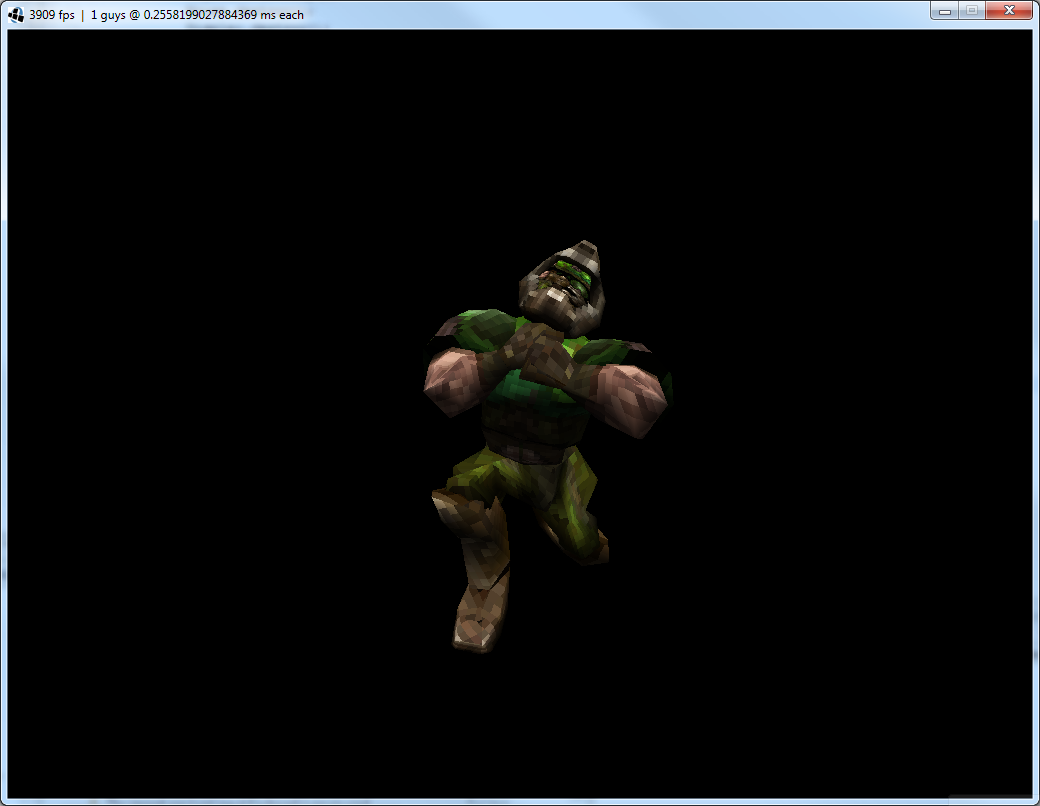 In case you can’t tell what’s in the last screenshot, it’s ten thousand of those!
That’s a fully animated, textured and lit MD3 model, which is the file format Quake 3 uses. So I’ve built the renderer against the Doom model from Quake 3.
The Doom...